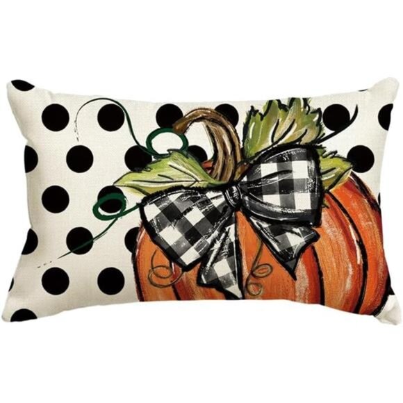 Fall Polka Dot Pumpkin Throw Pillow Cover12x20 Inch, Autumn & Thanksgiving Decor - Picture 1 of 7